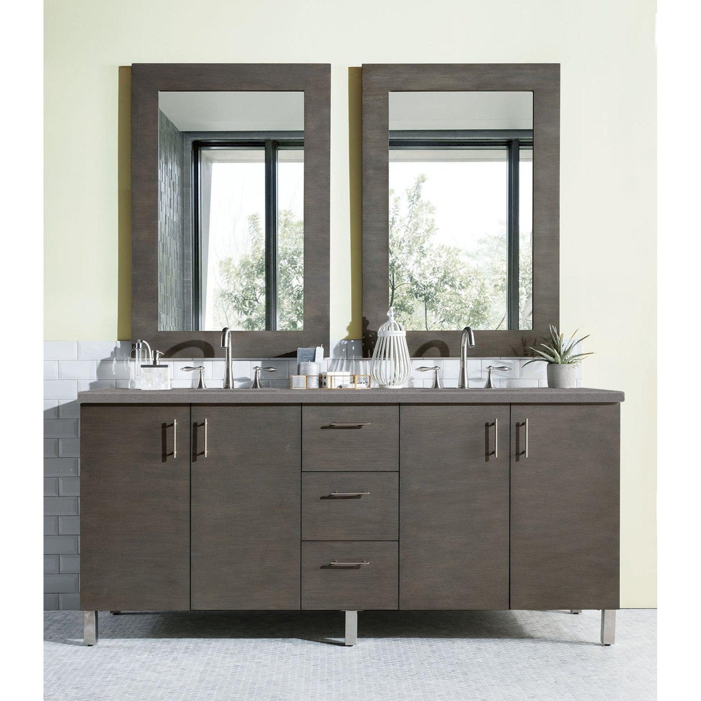 James Martin Metropolitan 72" Double Silver Oak Bathroom Vanity With 1" Gray Expo Quartz Top and Rectangular Ceramic Sink