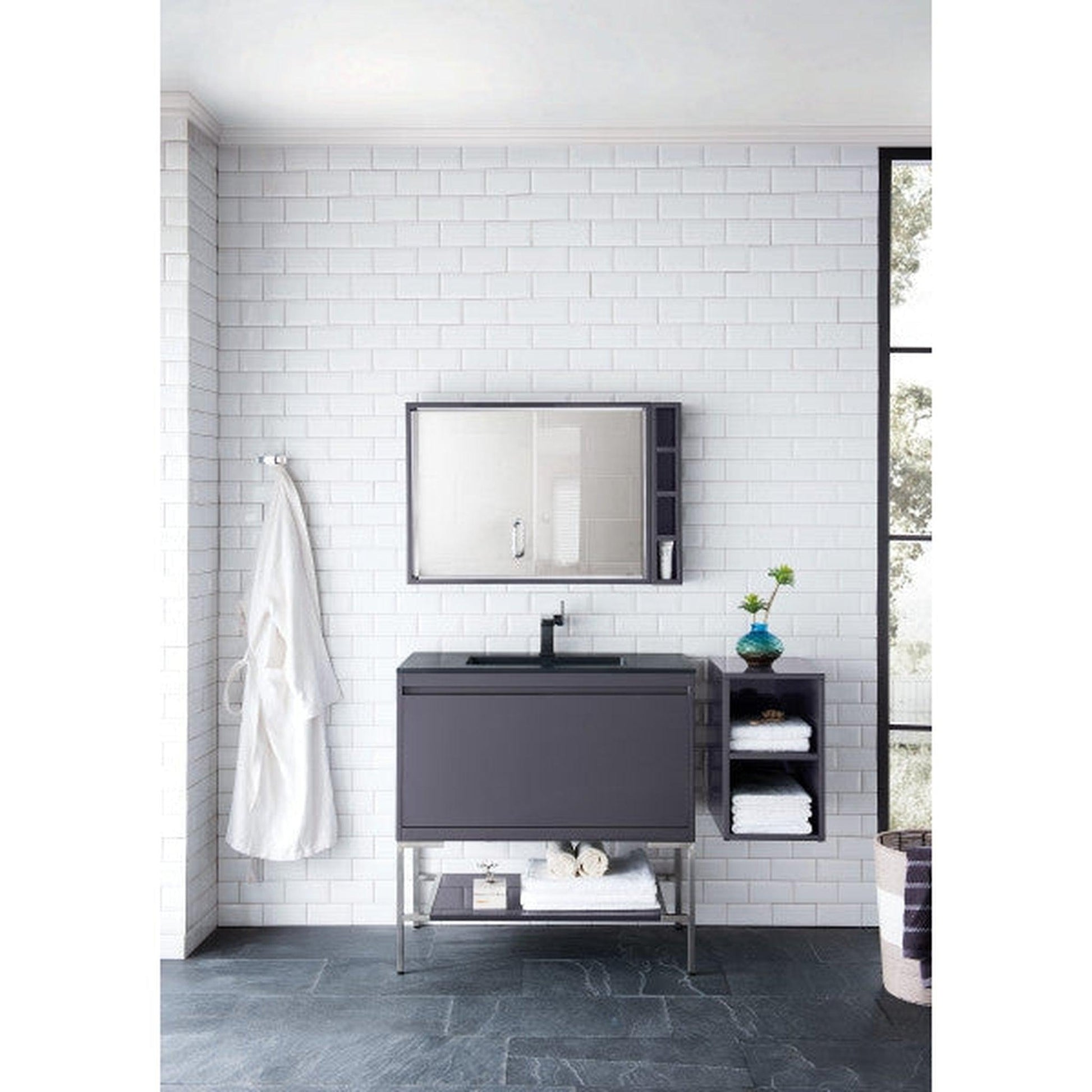 James Martin Milan 35" x 35" Modern Grey Glossy Square Cube Mirror