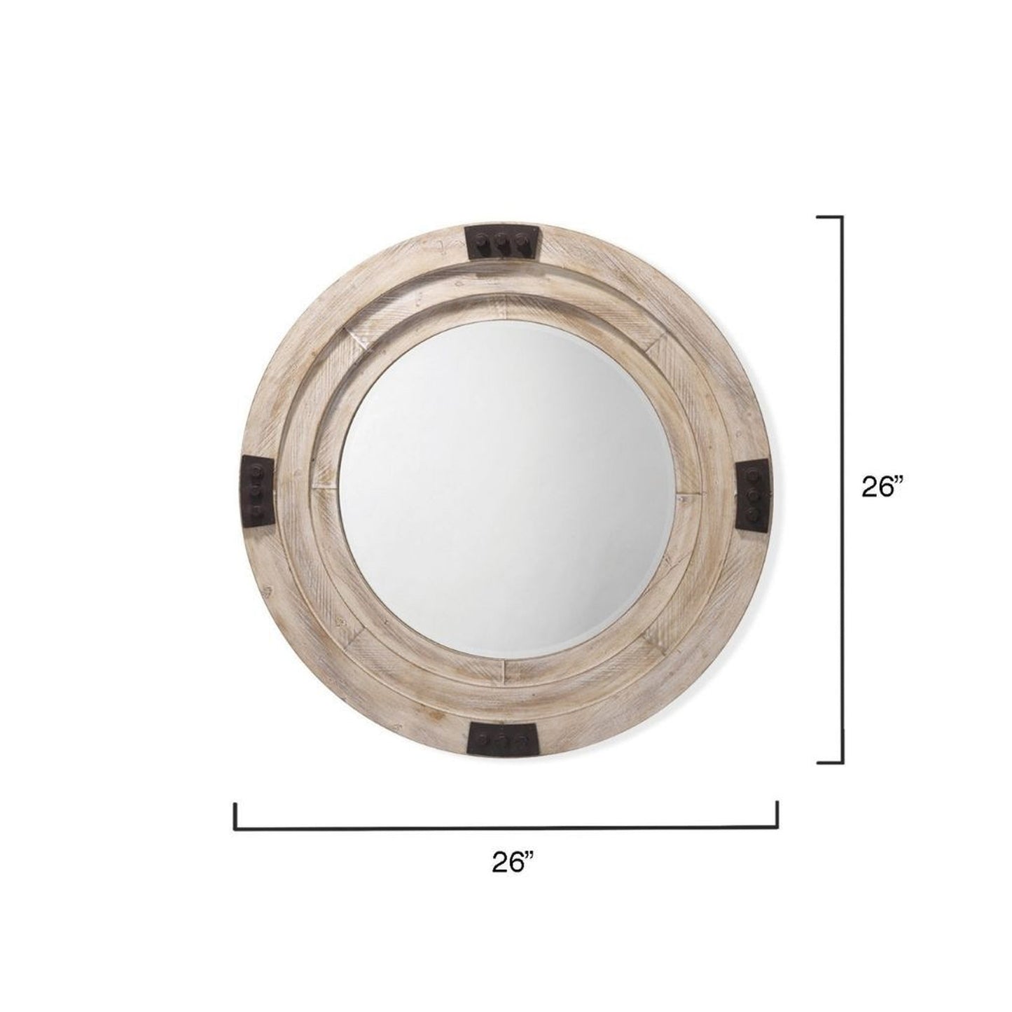 Jamie Young Foreman 36" Round Mirror With White Washed Wood Frame and Iron Metal Accents