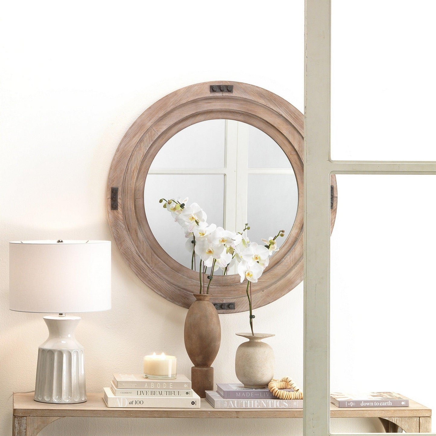 Jamie Young Foreman 36" Round Mirror With White Washed Wood Frame and Iron Metal Accents