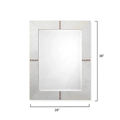 Jamie Young Stitch 28" x 36" Rectangle Mirror With White Hide Frame With Leather Brown Stitching Accents