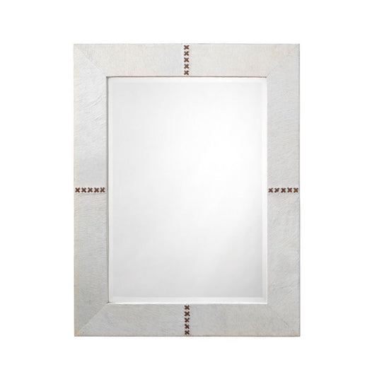 Jamie Young Stitch 28" x 36" Rectangle Mirror With White Hide Frame With Leather Brown Stitching Accents