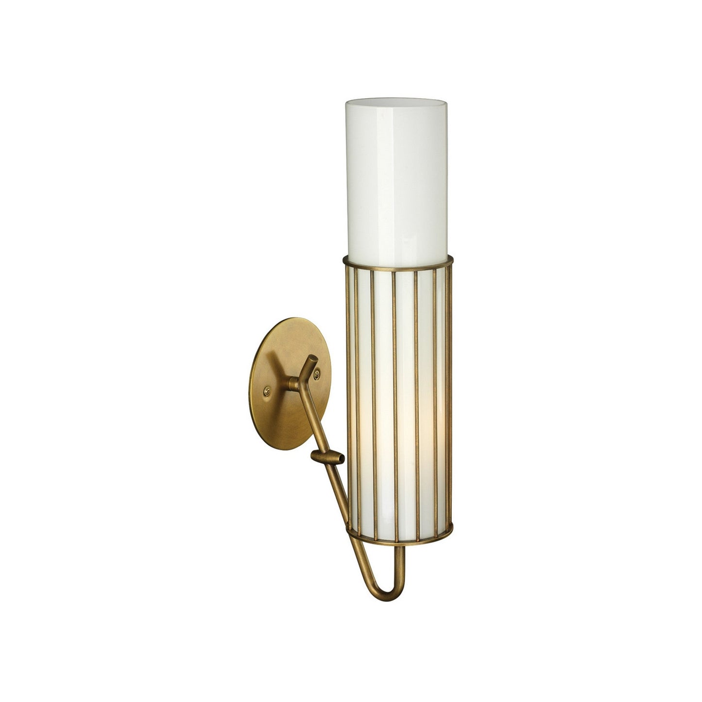 Jamie Young Torino 4" x 17" 1-Light Cylinder Antique Brass Wall Sconce With Metal Wire Frame and White Glass Shade