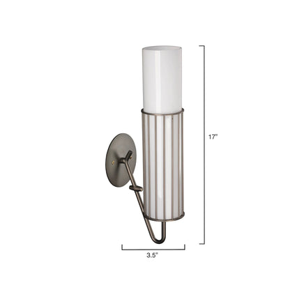 Jamie Young Torino 4" x 17" 1-Light Cylinder Gun Metal Wall Sconce With Metal Wire Frame and White Glass Shade