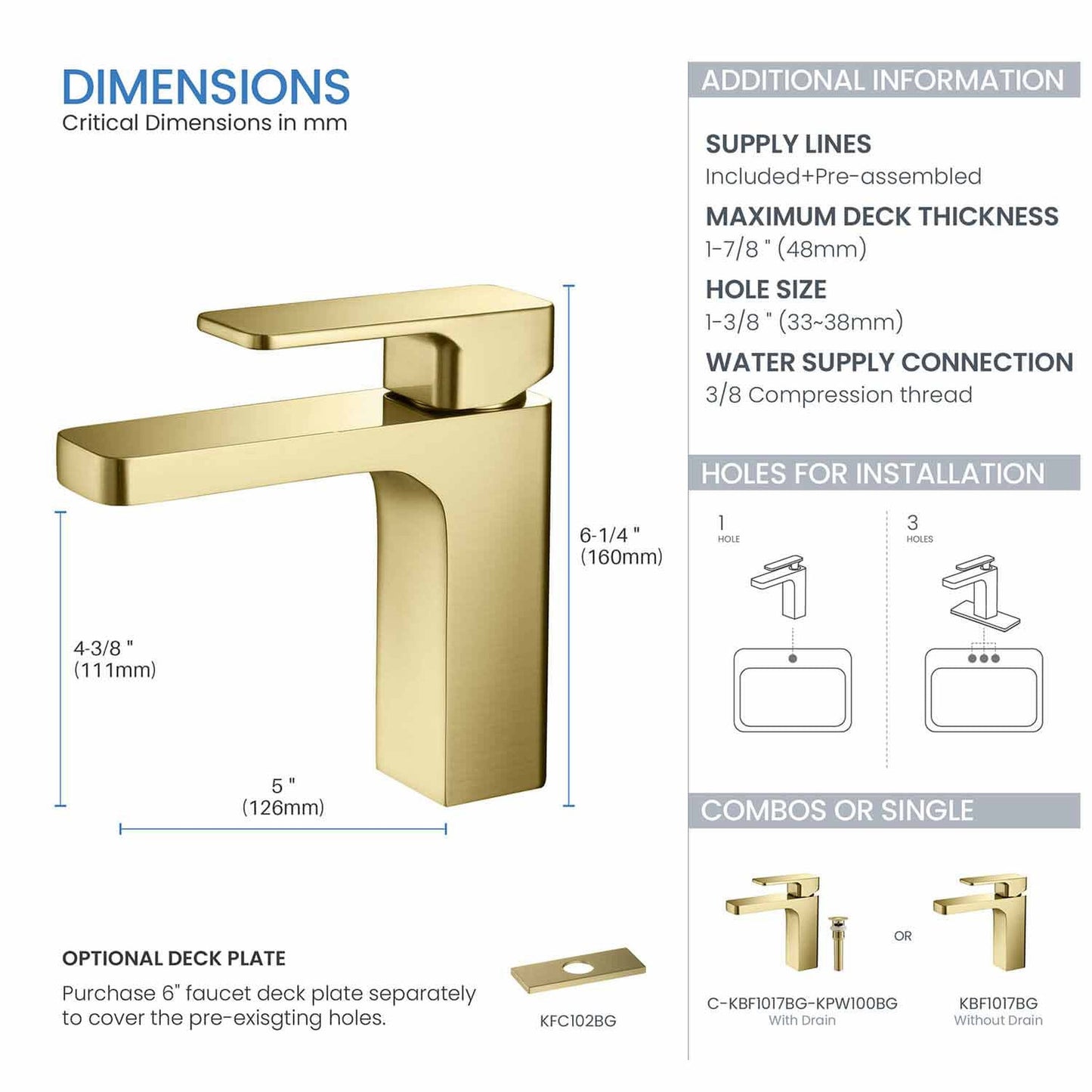 KIBI Blaze Single Handle Brushed Gold Solid Brass Bathroom Sink Faucet With Pop-Up Drain Stopper Small Cover With Overflow