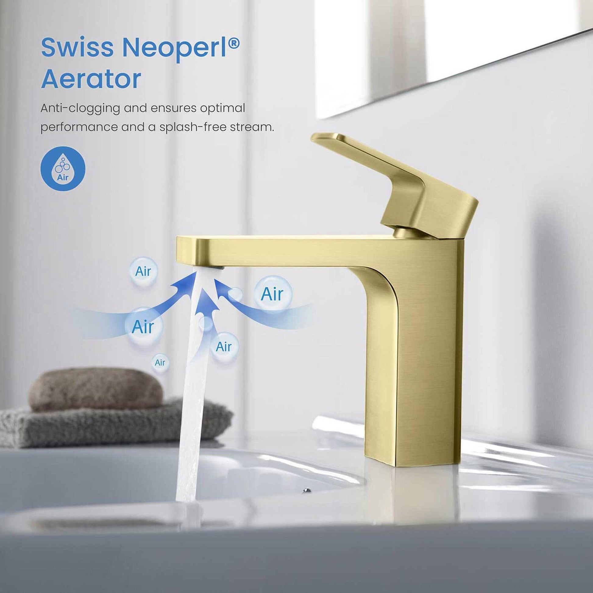 KIBI Blaze Single Handle Brushed Gold Solid Brass Bathroom Sink Faucet With Pop-Up Drain Stopper Small Cover With Overflow