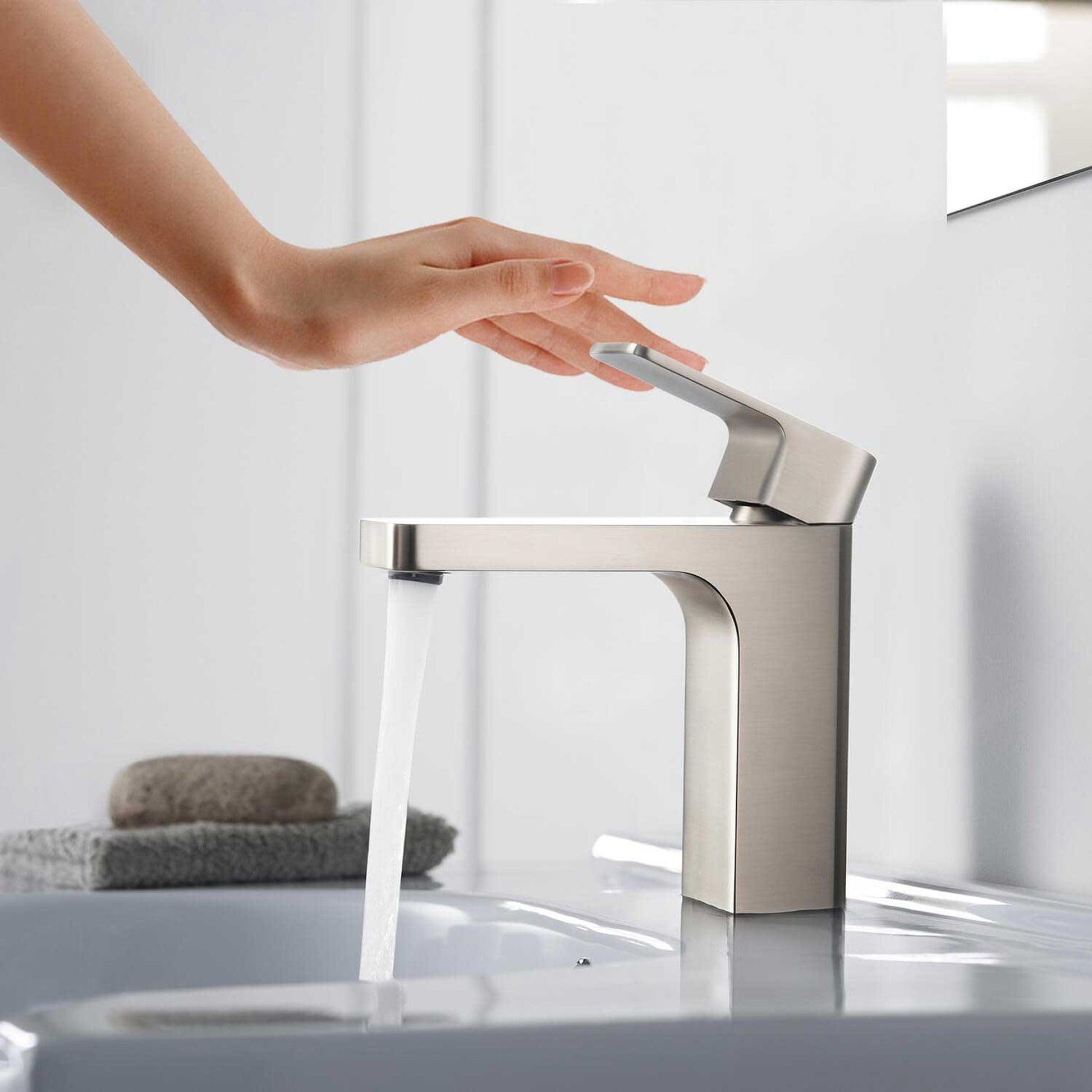 KIBI Blaze Single Handle Brushed Nickel Solid Brass Bathroom Sink Faucet With Pop-Up Drain Stopper Small Cover With Overflow