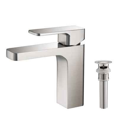 KIBI Blaze Single Handle Brushed Nickel Solid Brass Bathroom Sink Faucet With Pop-Up Drain Stopper Small Cover With Overflow