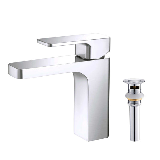 KIBI Blaze Single Handle Chrome Solid Brass Bathroom Sink Faucet With Pop-Up Drain Stopper Small Cover With Overflow