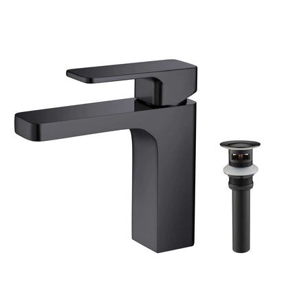 KIBI Blaze Single Handle Matte Black Solid Brass Bathroom Sink Faucet With Pop-Up Drain Stopper Small Cover With Overflow