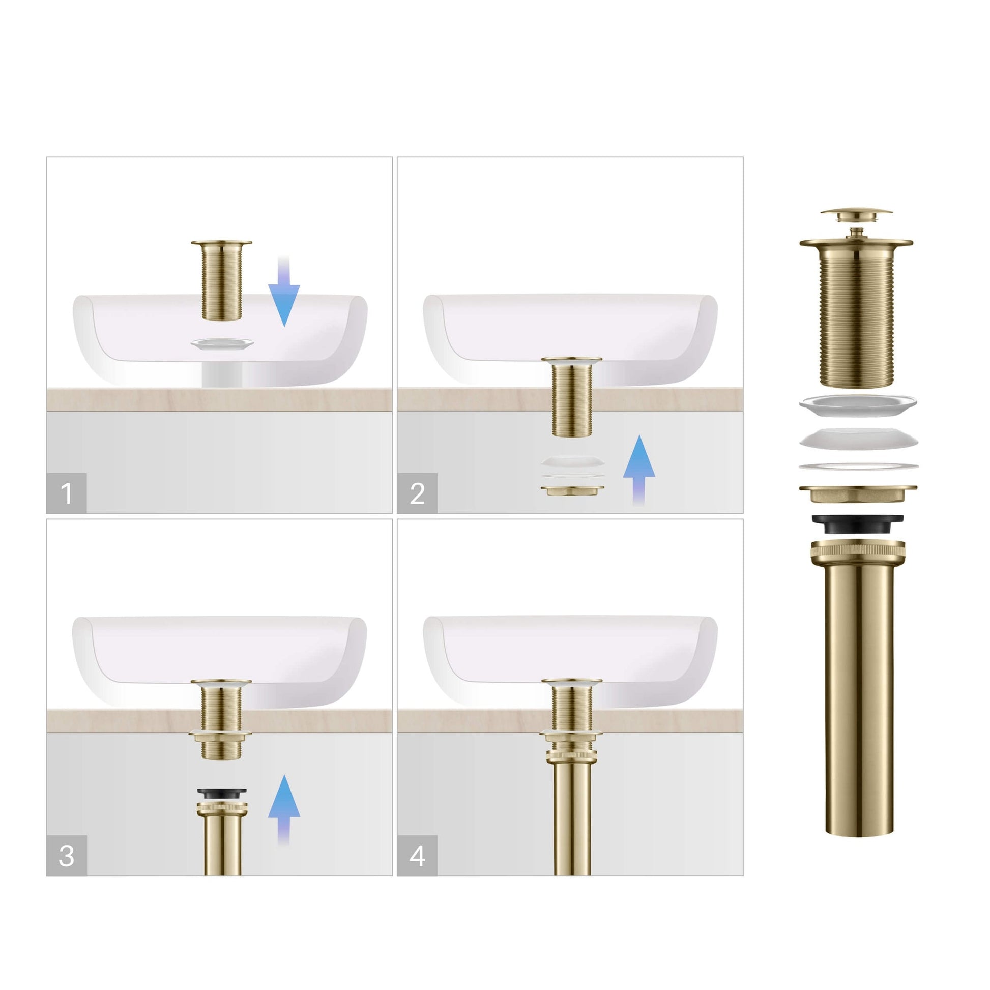 KIBI Blaze-T Single Handle Brushed Gold Solid Brass Bathroom Vessel Sink Faucet With Pop-Up Drain Stopper Small Cover Without Overflow