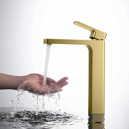 KIBI Blaze-T Single Handle Brushed Gold Solid Brass Bathroom Vessel Sink Faucet With Pop-Up Drain Stopper Small Cover Without Overflow