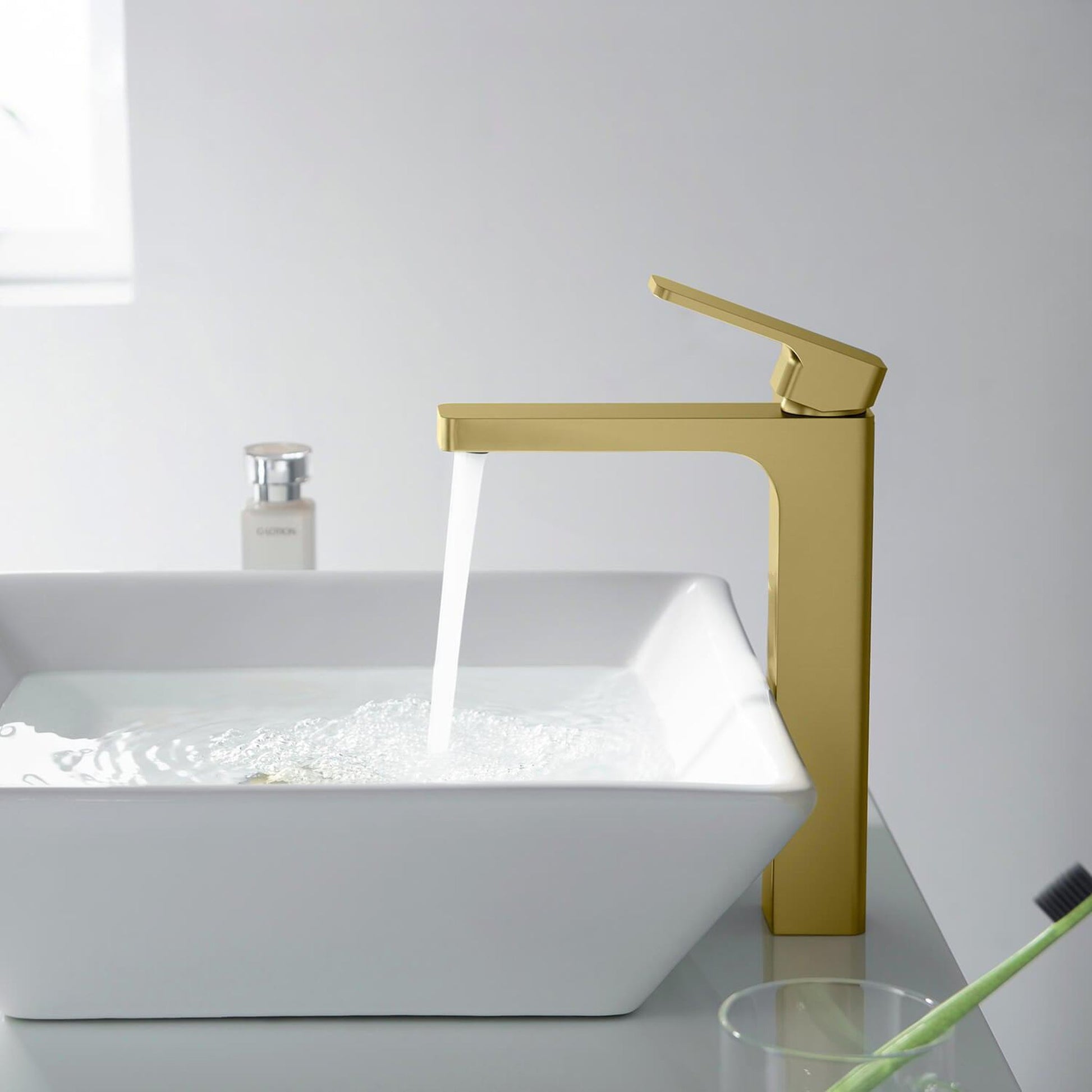 KIBI Blaze-T Single Handle Brushed Gold Solid Brass Bathroom Vessel Sink Faucet With Pop-Up Drain Stopper Small Cover Without Overflow