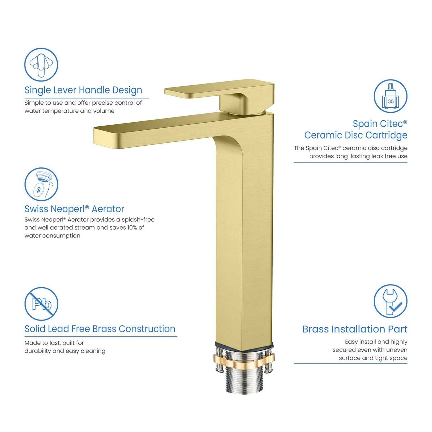 KIBI Blaze-T Single Handle Brushed Gold Solid Brass Bathroom Vessel Sink Faucet With Pop-Up Drain Stopper Small Cover Without Overflow