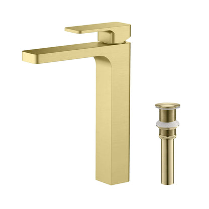 KIBI Blaze-T Single Handle Brushed Gold Solid Brass Bathroom Vessel Sink Faucet With Pop-Up Drain Stopper Small Cover Without Overflow