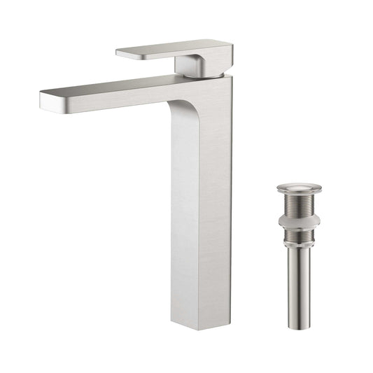 KIBI Blaze-T Single Handle Brushed Nickel Solid Brass Bathroom Vessel Sink Faucet With Pop-Up Drain Stopper Small Cover Without Overflow