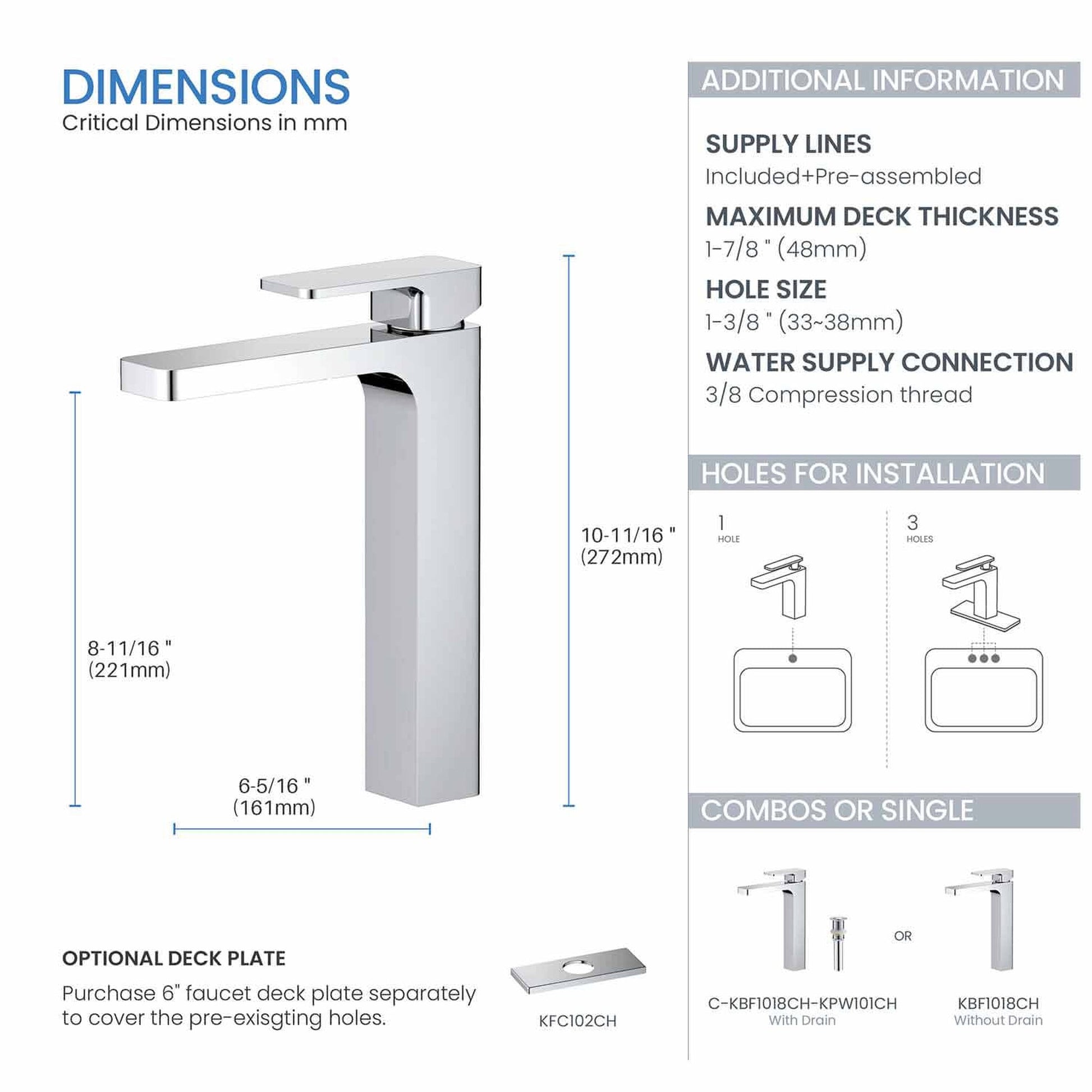 KIBI Blaze-T Single Handle Chrome Solid Brass Bathroom Vessel Sink Faucet With Pop-Up Drain Stopper Small Cover Without Overflow