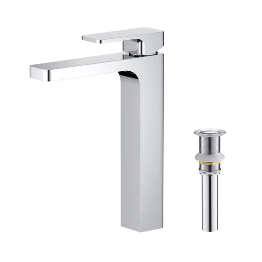 KIBI Blaze-T Single Handle Chrome Solid Brass Bathroom Vessel Sink Faucet With Pop-Up Drain Stopper Small Cover Without Overflow