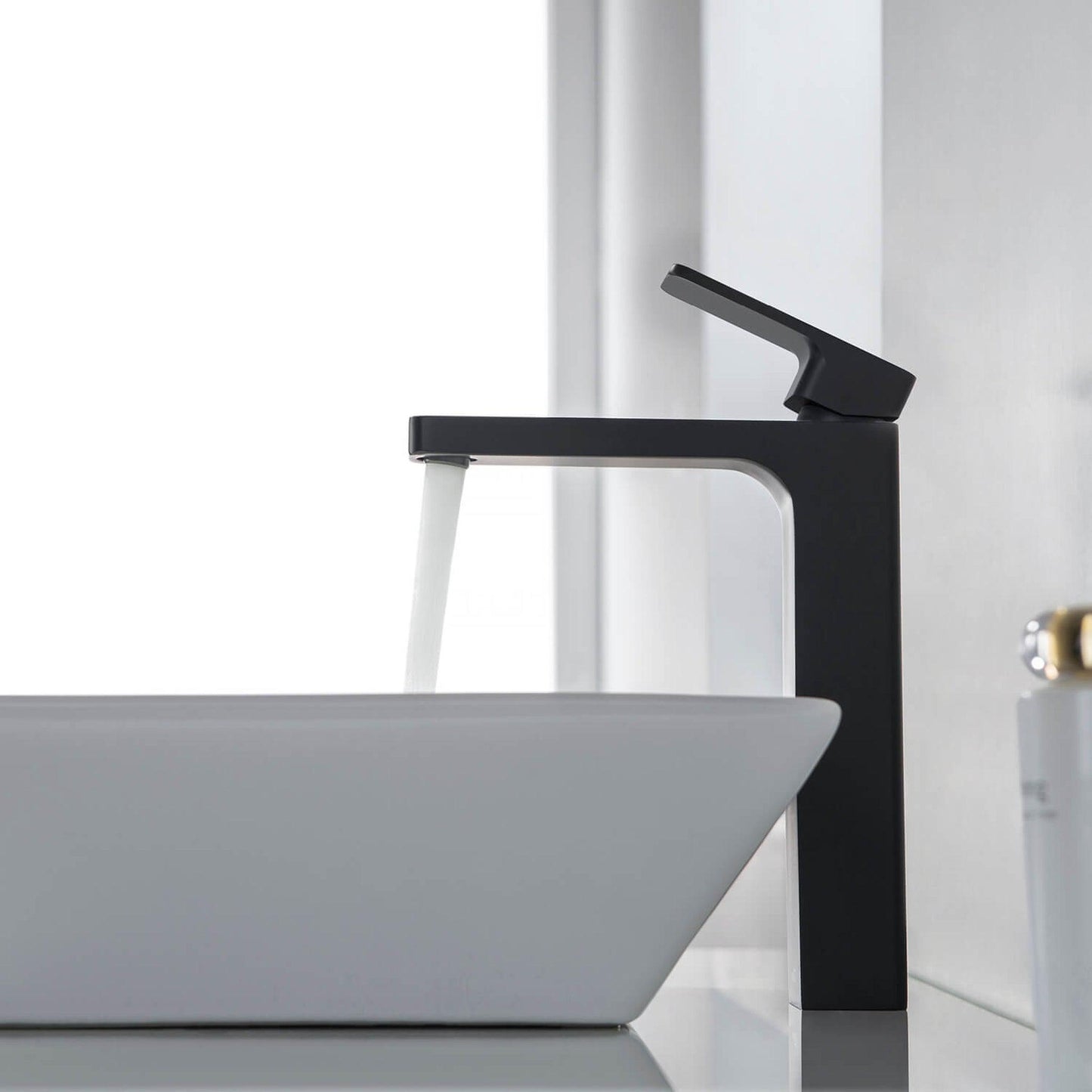 KIBI Blaze-T Single Handle Matte Black Solid Brass Bathroom Vessel Sink Faucet With Pop-Up Drain Stopper Small Cover Without Overflow