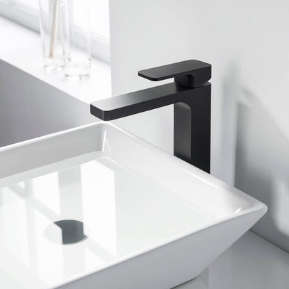 KIBI Blaze-T Single Handle Matte Black Solid Brass Bathroom Vessel Sink Faucet With Pop-Up Drain Stopper Small Cover Without Overflow