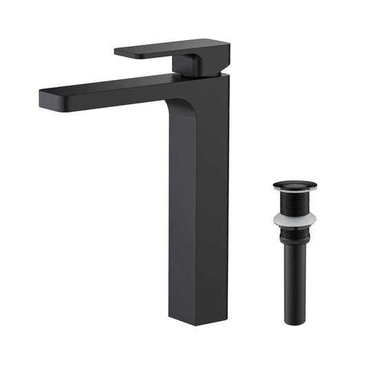 KIBI Blaze-T Single Handle Matte Black Solid Brass Bathroom Vessel Sink Faucet With Pop-Up Drain Stopper Small Cover Without Overflow