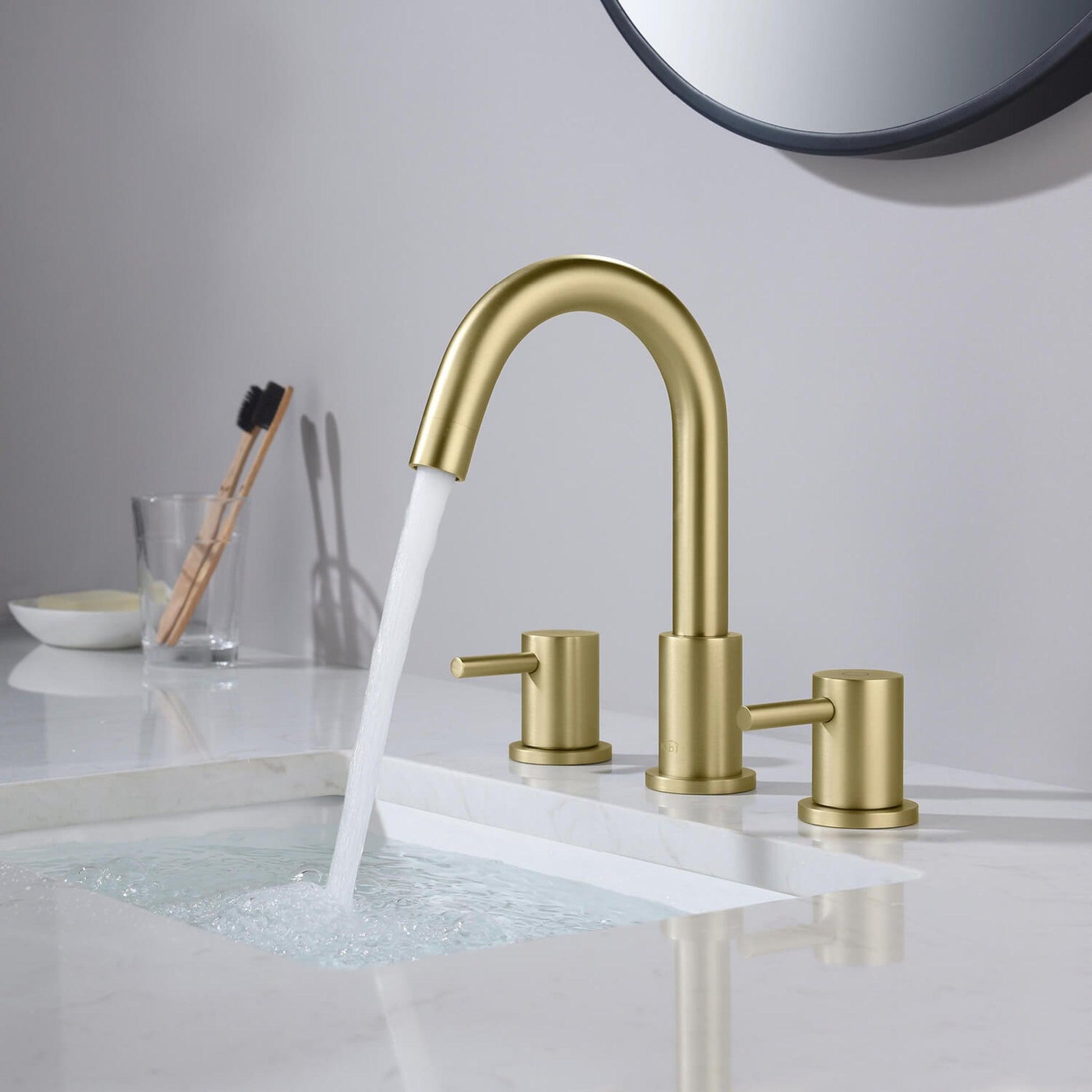 KIBI Circular 8" Widespread 2-Handle Brushed Gold Solid Brass Bathroom Sink Faucet With Pop-Up Drain