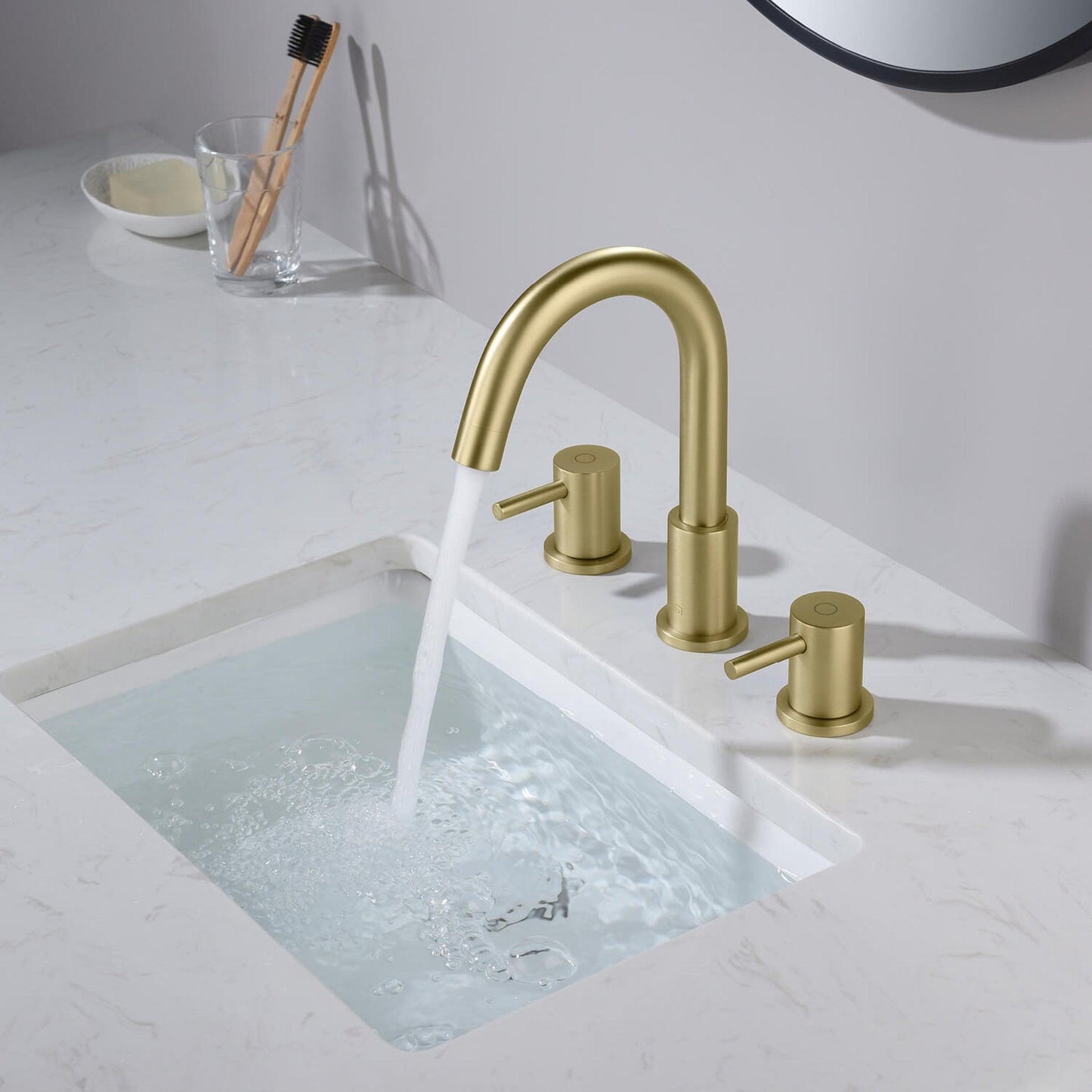 KIBI Circular 8" Widespread 2-Handle Brushed Gold Solid Brass Bathroom Sink Faucet With Pop-Up Drain