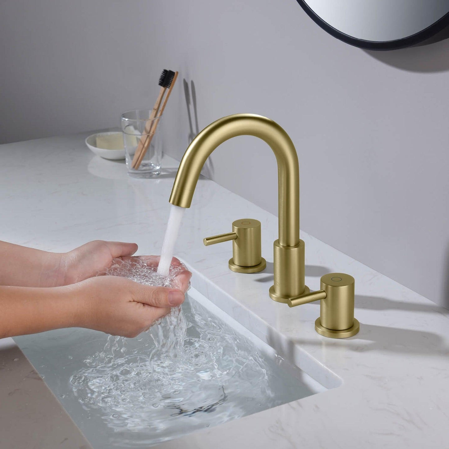 KIBI Circular 8" Widespread 2-Handle Brushed Gold Solid Brass Bathroom Sink Faucet With Pop-Up Drain