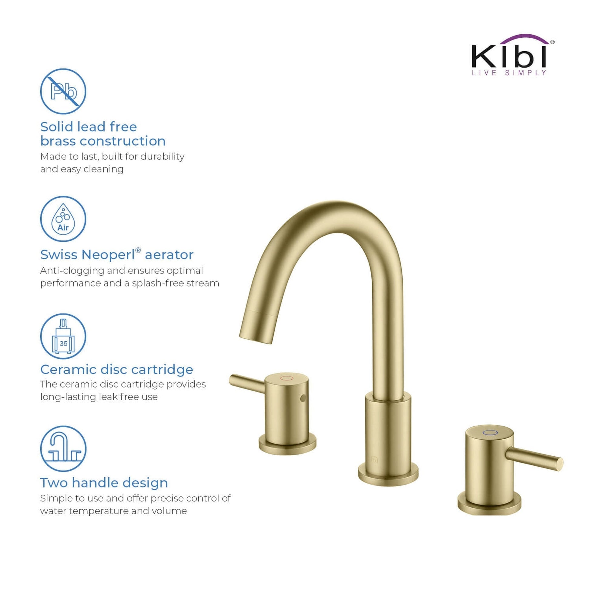 KIBI Circular 8" Widespread 2-Handle Brushed Gold Solid Brass Bathroom Sink Faucet With Pop-Up Drain