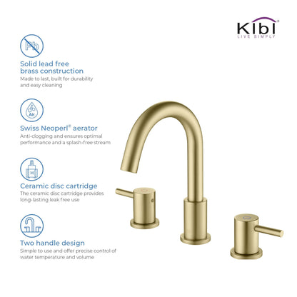 KIBI Circular 8" Widespread 2-Handle Brushed Gold Solid Brass Bathroom Sink Faucet With Pop-Up Drain