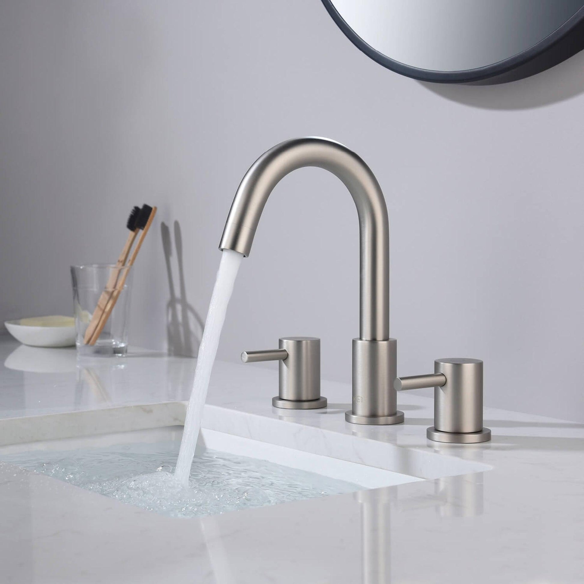 KIBI Circular 8" Widespread 2-Handle Brushed Nickel Solid Brass Bathroom Sink Faucet With Pop-Up Drain