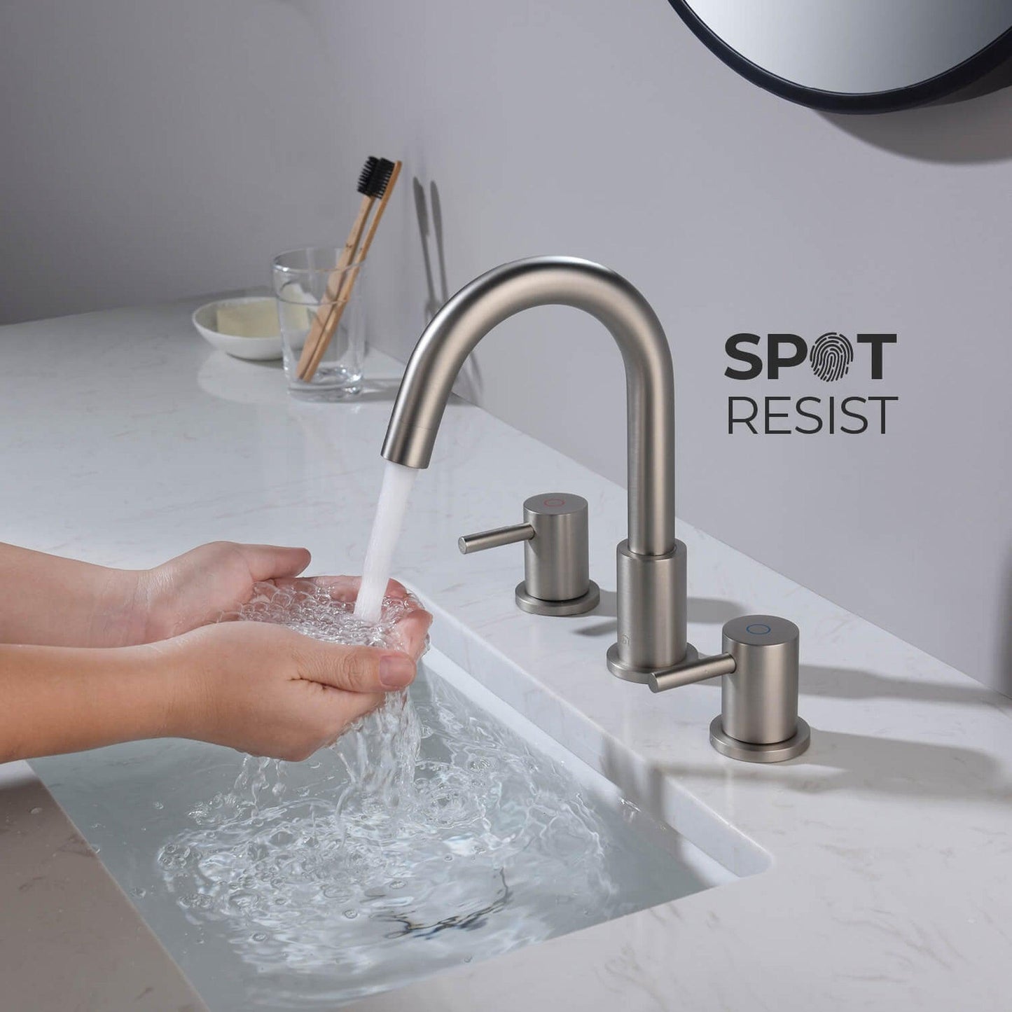 KIBI Circular 8" Widespread 2-Handle Brushed Nickel Solid Brass Bathroom Sink Faucet With Pop-Up Drain