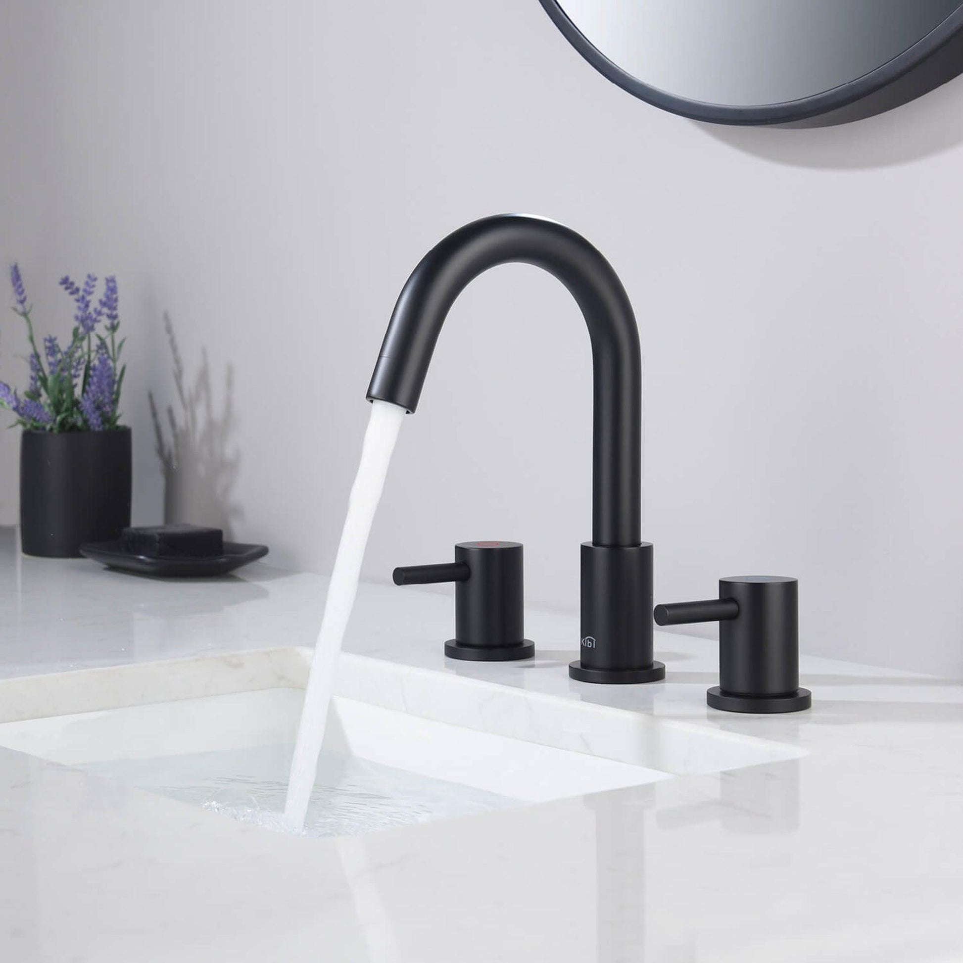 KIBI Circular 8" Widespread 2-Handle Matte Black Solid Brass Bathroom Sink Faucet With Pop-Up Drain