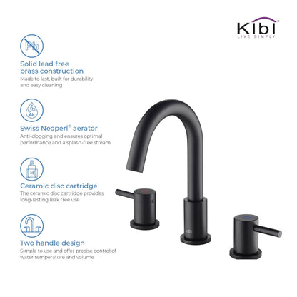 KIBI Circular 8" Widespread 2-Handle Matte Black Solid Brass Bathroom Sink Faucet With Pop-Up Drain
