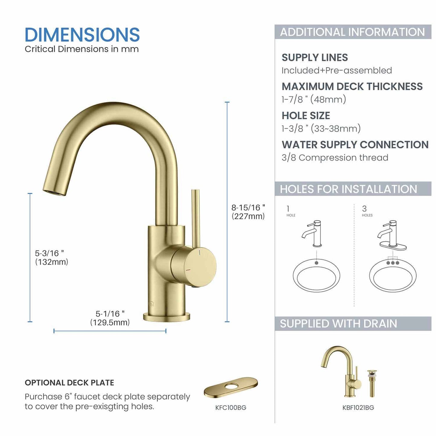 KIBI Circular High-Arc Single Handle Brushed Gold Solid Brass Bathroom Sink Faucet With Pop-Up Drain Stopper Small Cover With Overflow