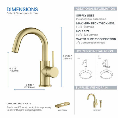 KIBI Circular High-Arc Single Handle Brushed Gold Solid Brass Bathroom Sink Faucet With Pop-Up Drain Stopper Small Cover With Overflow