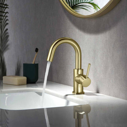 KIBI Circular High-Arc Single Handle Brushed Gold Solid Brass Bathroom Sink Faucet With Pop-Up Drain Stopper Small Cover With Overflow