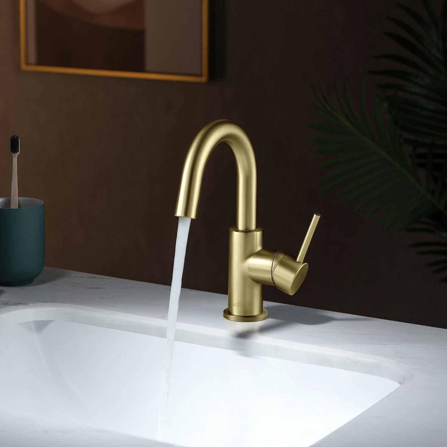 KIBI Circular High-Arc Single Handle Brushed Gold Solid Brass Bathroom Sink Faucet With Pop-Up Drain Stopper Small Cover With Overflow