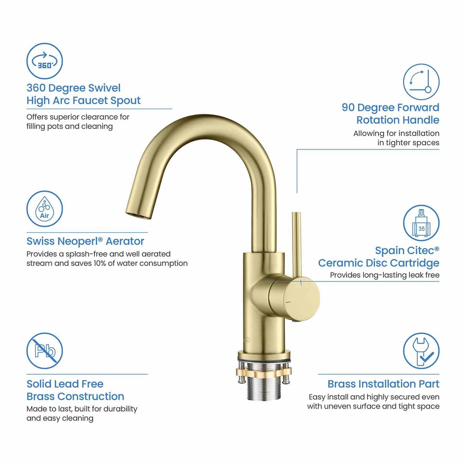 KIBI Circular High-Arc Single Handle Brushed Gold Solid Brass Bathroom Sink Faucet With Pop-Up Drain Stopper Small Cover With Overflow