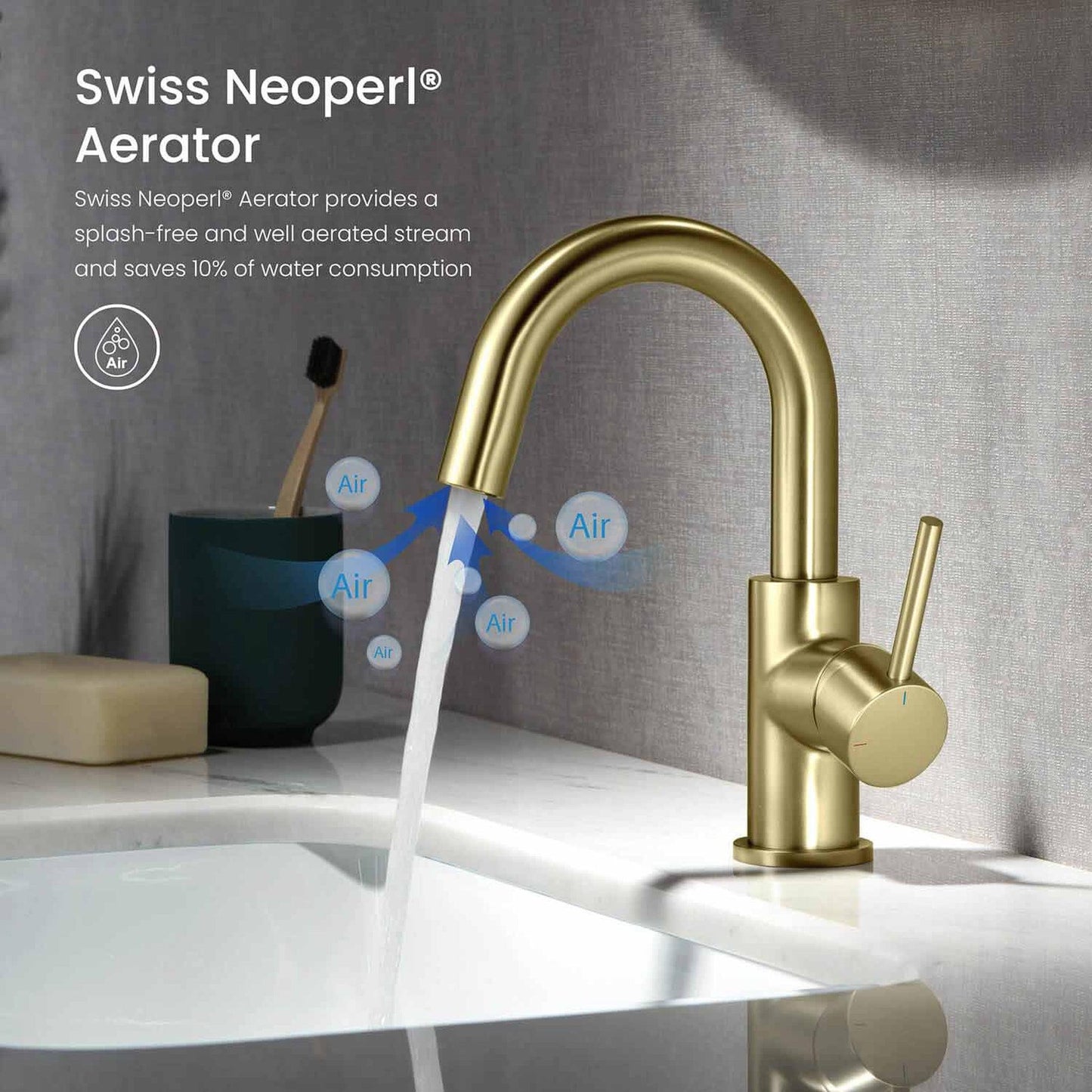 KIBI Circular High-Arc Single Handle Brushed Gold Solid Brass Bathroom Sink Faucet With Pop-Up Drain Stopper Small Cover With Overflow