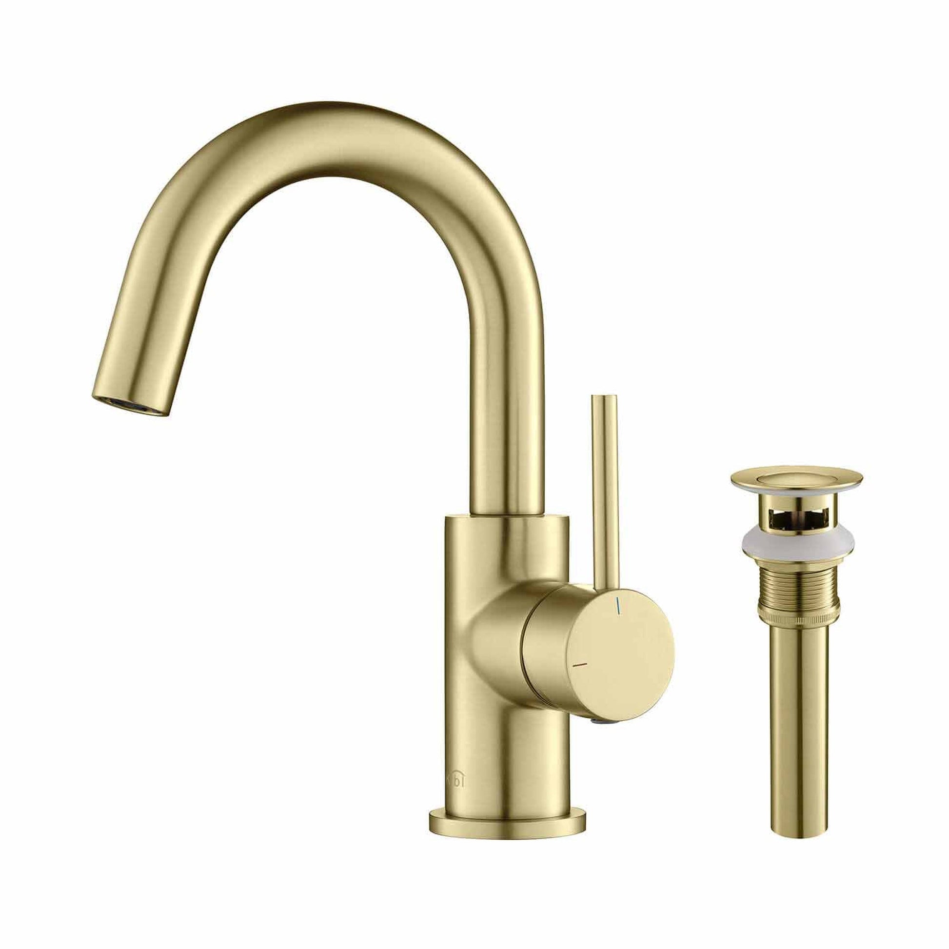 KIBI Circular High-Arc Single Handle Brushed Gold Solid Brass Bathroom Sink Faucet With Pop-Up Drain Stopper Small Cover With Overflow