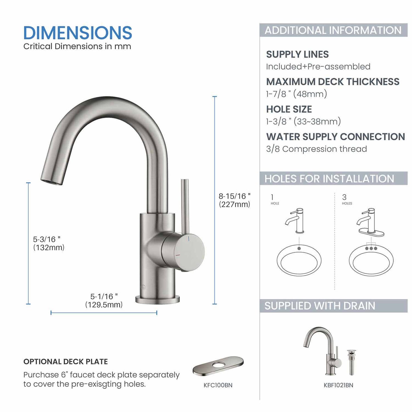 KIBI Circular High-Arc Single Handle Brushed Nickel Solid Brass Bathroom Sink Faucet With Pop-Up Drain Stopper Small Cover With Overflow