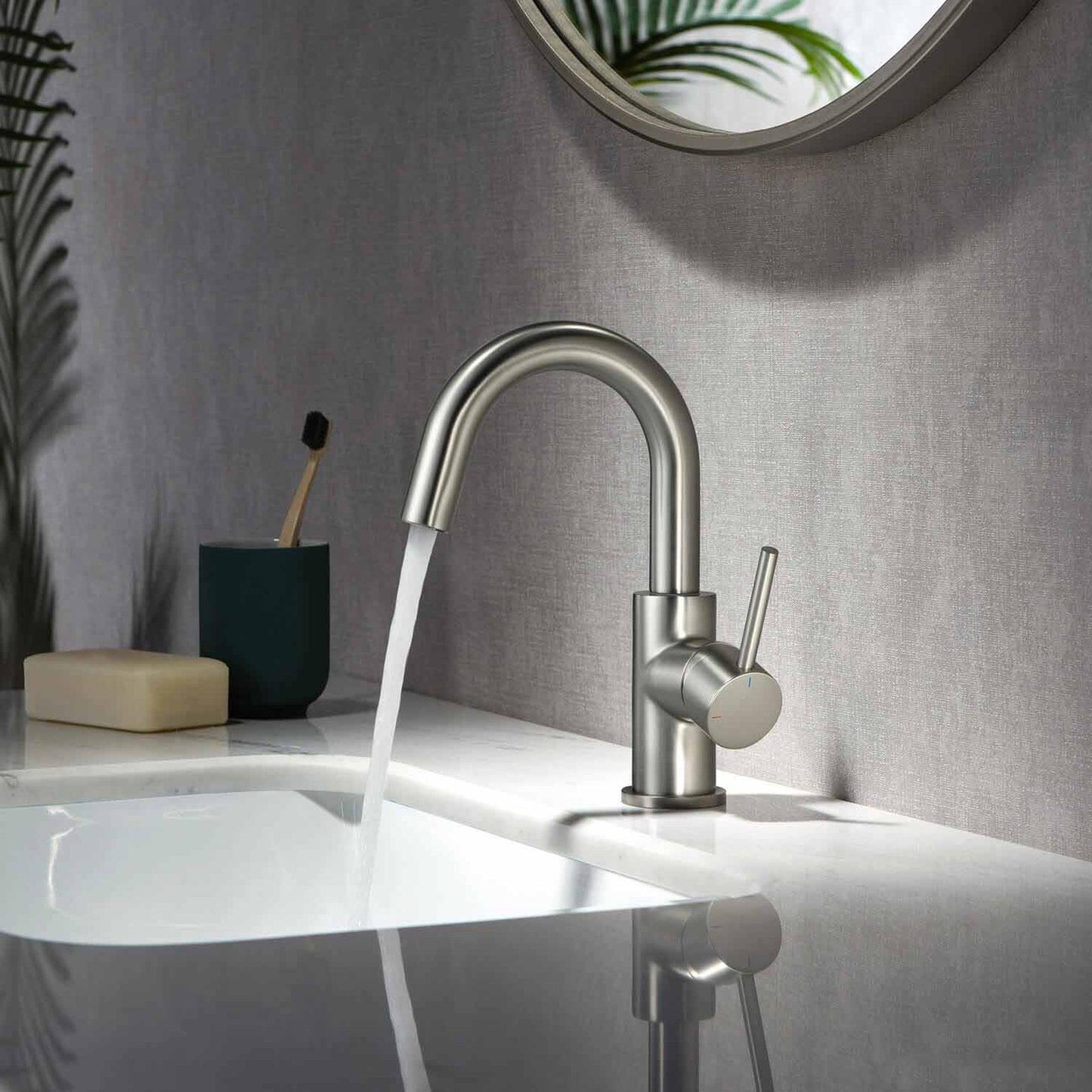 KIBI Circular High-Arc Single Handle Brushed Nickel Solid Brass Bathroom Sink Faucet With Pop-Up Drain Stopper Small Cover With Overflow