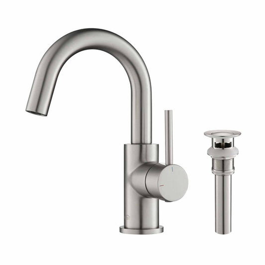 KIBI Circular High-Arc Single Handle Brushed Nickel Solid Brass Bathroom Sink Faucet With Pop-Up Drain Stopper Small Cover With Overflow