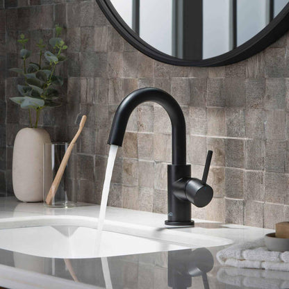 KIBI Circular High-Arc Single Handle Matte Black Solid Brass Bathroom Sink Faucet With Pop-Up Drain Stopper Small Cover With Overflow