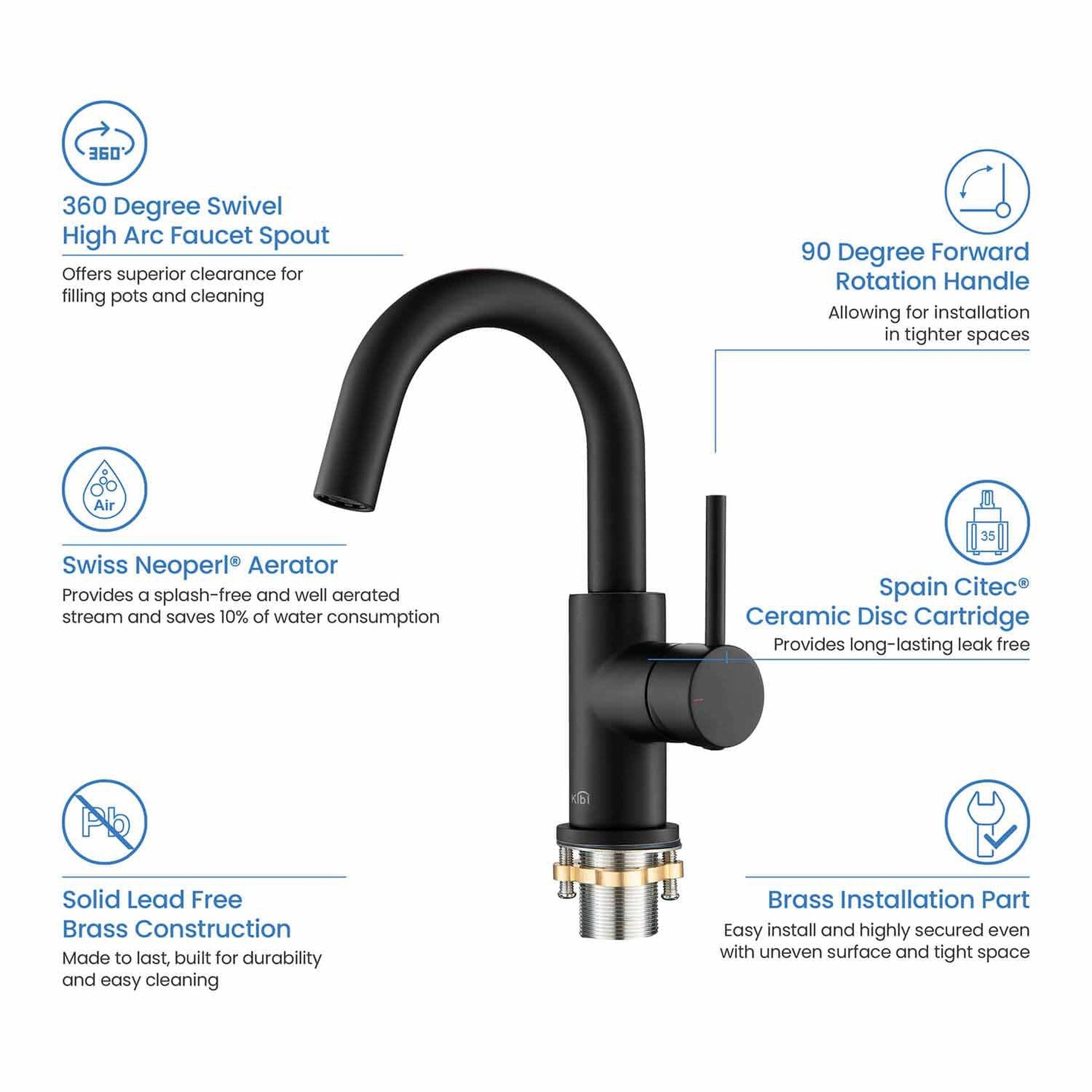 KIBI Circular High-Arc Single Handle Matte Black Solid Brass Bathroom Sink Faucet With Pop-Up Drain Stopper Small Cover With Overflow