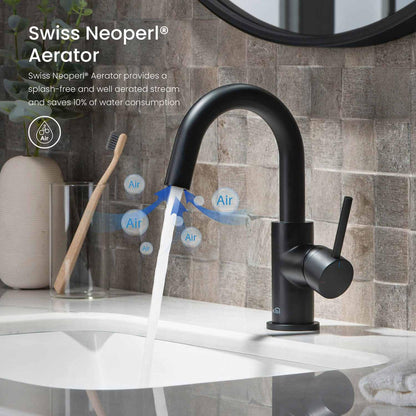 KIBI Circular High-Arc Single Handle Matte Black Solid Brass Bathroom Sink Faucet With Pop-Up Drain Stopper Small Cover With Overflow