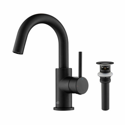 KIBI Circular High-Arc Single Handle Matte Black Solid Brass Bathroom Sink Faucet With Pop-Up Drain Stopper Small Cover With Overflow