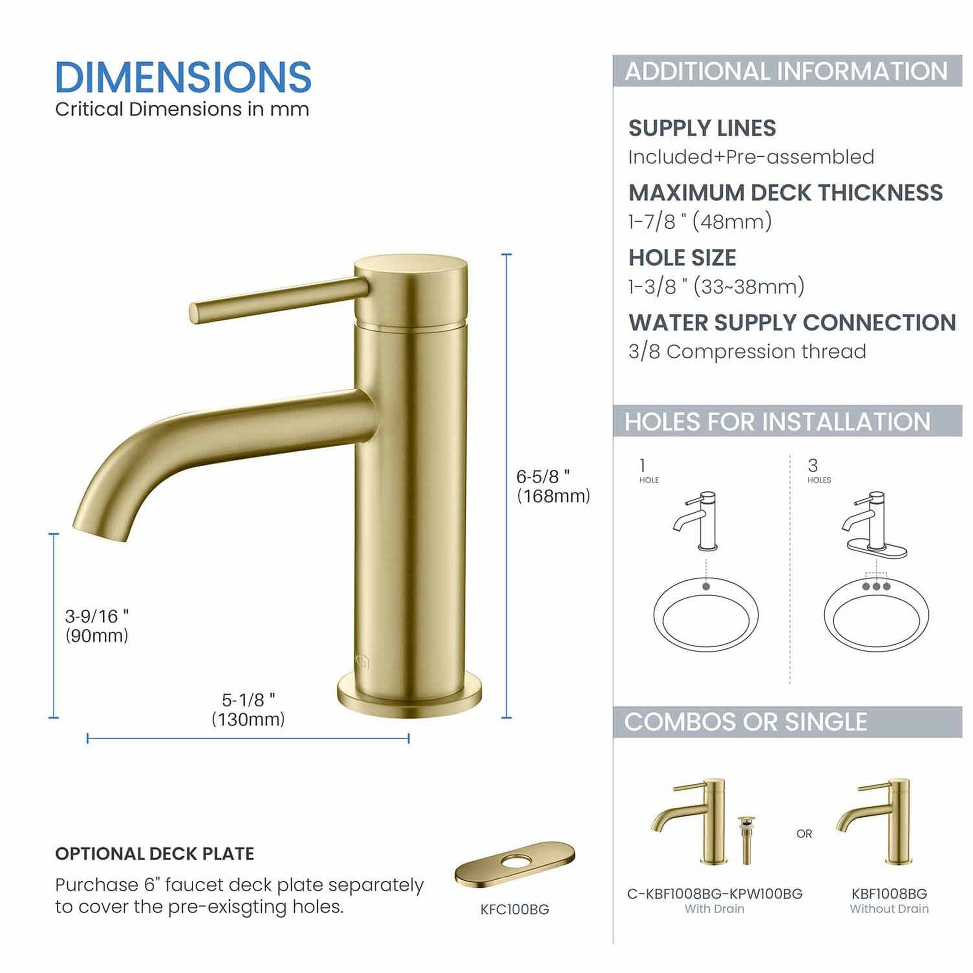 KIBI Circular Single Handle Brushed Gold Solid Brass Bathroom Sink Faucet