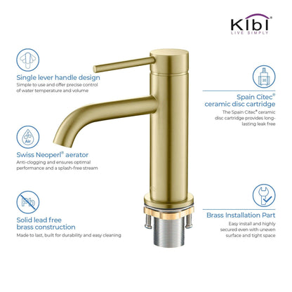 KIBI Circular Single Handle Brushed Gold Solid Brass Bathroom Sink Faucet